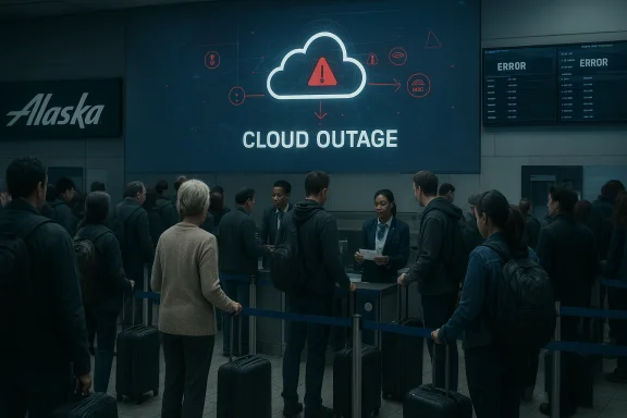 Passengers queue at a security checkpoint under a large 'Cloud Outage' warning. Passengers queue at a security checkpoint under a large 'Cloud Outage' warning.