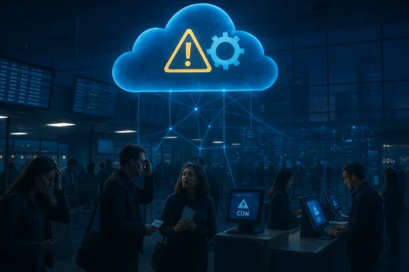 People in a futuristic data center observe a glowing blue cloud with a warning icon above network lines. People in a futuristic data center observe a glowing blue cloud with a warning icon above network lines.