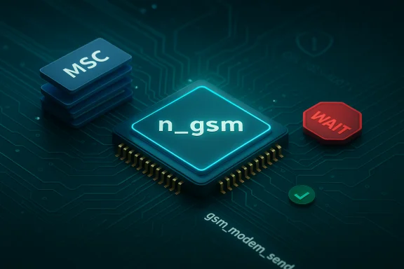 A glowing GSM modem chip labeled n_gsm sits on a circuit board with MSC blocks and a WAIT indicator. A glowing GSM modem chip labeled n_gsm sits on a circuit board with MSC blocks and a WAIT indicator.