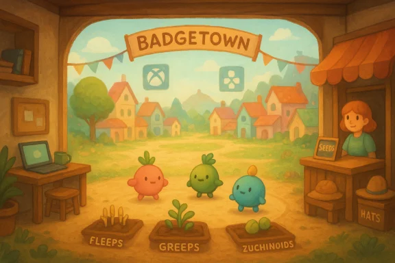 Three colorful round plant-creatures stand in Badgetown’s sunny square, before seed trays labeled Fleeps, Greeps, Zuchinoids. Three colorful round plant-creatures stand in Badgetown’s sunny square, before seed trays labeled Fleeps, Greeps, Zuchinoids.