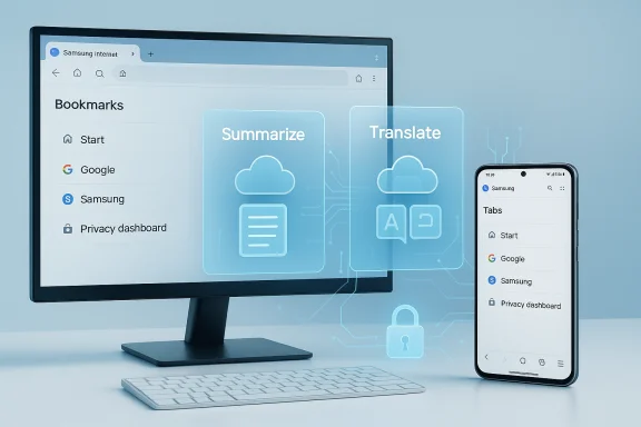 Desktop monitor and smartphone show Samsung Internet with Summarize and Translate features. Desktop monitor and smartphone show Samsung Internet with Summarize and Translate features.