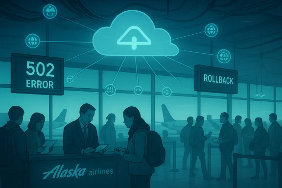 Passengers at Alaska Airlines check-in as a cloud outage shows a 502 error and rollback. Passengers at Alaska Airlines check-in as a cloud outage shows a 502 error and rollback.