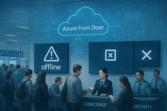 Passengers queue at a concierge desk beneath an Azure Front Door sign. Passengers queue at a concierge desk beneath an Azure Front Door sign.