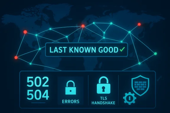 Global network visualization shows Last Known Good, TLS handshake security, and 502/504 errors. Global network visualization shows Last Known Good, TLS handshake security, and 502/504 errors.