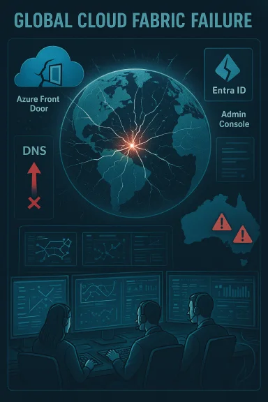 Global cloud fabric failure depicted by a cracked globe, glowing networks, and operators monitoring the outage. Global cloud fabric failure depicted by a cracked globe, glowing networks, and operators monitoring the outage.