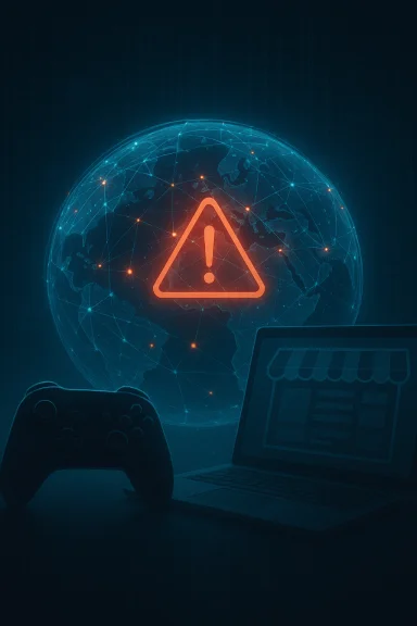 A glowing globe of interconnected nodes with a red warning triangle, beside a laptop and game controller. A glowing globe of interconnected nodes with a red warning triangle, beside a laptop and game controller.