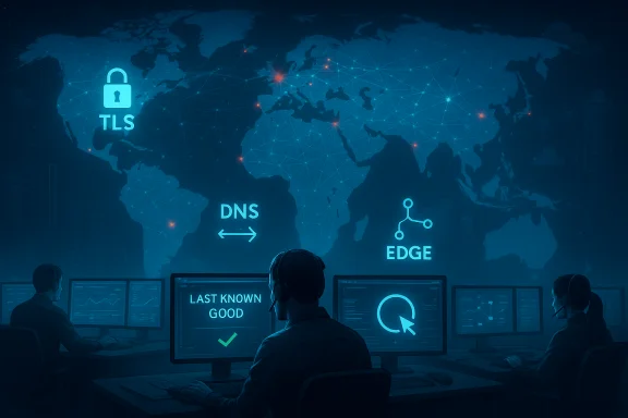 A global network operations center monitors TLS, DNS, and edge connectivity. A global network operations center monitors TLS, DNS, and edge connectivity.
