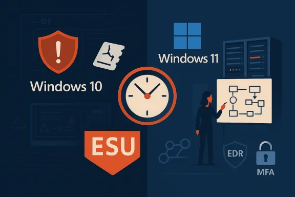 Cybersecurity infographic comparing Windows 10 and 11 with clocks, shields, and a presenter. Cybersecurity infographic comparing Windows 10 and 11 with clocks, shields, and a presenter.