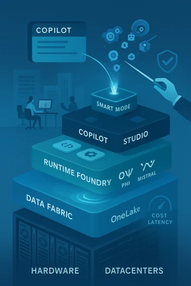 Blue, multi-layer Copilot stack with Studio atop Data Fabric, hardware and datacenters. Blue, multi-layer Copilot stack with Studio atop Data Fabric, hardware and datacenters.