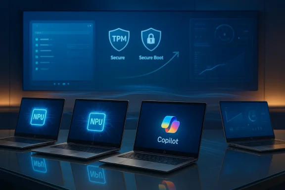 Four laptops on a blue-lit table display NPU and Copilot logos during a security-tech presentation. Four laptops on a blue-lit table display NPU and Copilot logos during a security-tech presentation.
