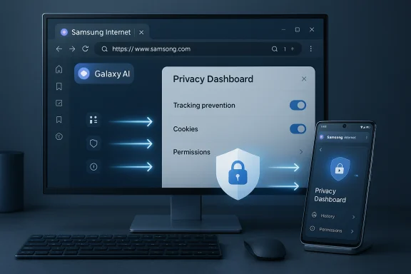 A computer monitor and phone display Samsung Internet Privacy Dashboard with tracking protection and a shield icon. A computer monitor and phone display Samsung Internet Privacy Dashboard with tracking protection and a shield icon.