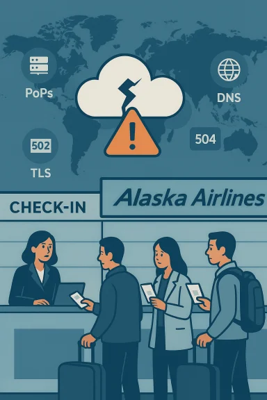 Passengers at Alaska Airlines check-in as a cloud outage warning flashes. Passengers at Alaska Airlines check-in as a cloud outage warning flashes.