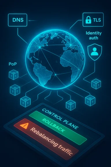 Neon globe depicting a global network with TLS identity, DNS, PoP nodes, and traffic-control options. Neon globe depicting a global network with TLS identity, DNS, PoP nodes, and traffic-control options.