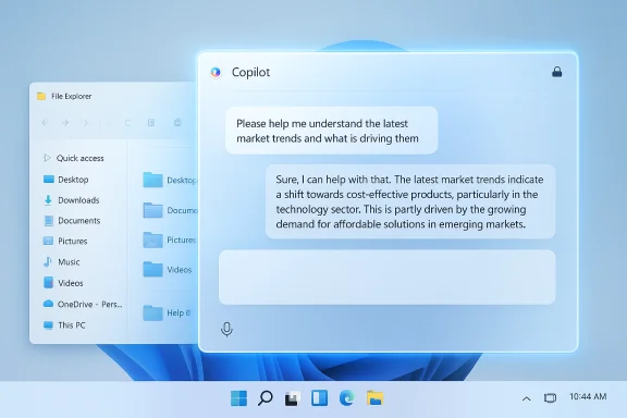 Windows-style desktop with a Copilot chat overlay over a File Explorer window. Windows-style desktop with a Copilot chat overlay over a File Explorer window.
