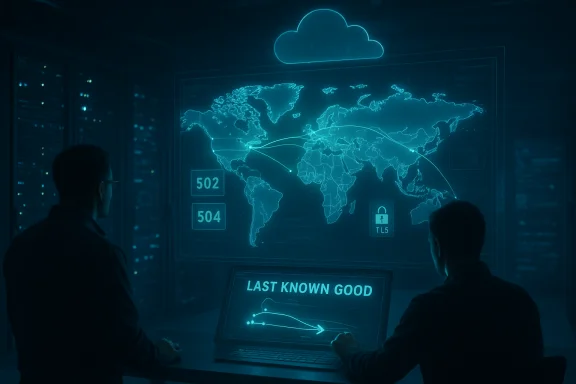 Two analysts monitor a global network map on holographic screens. Two analysts monitor a global network map on holographic screens.