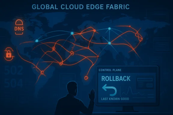 Global cloud edge fabric: a world network map with red links and a rollback dashboard. Global cloud edge fabric: a world network map with red links and a rollback dashboard.
