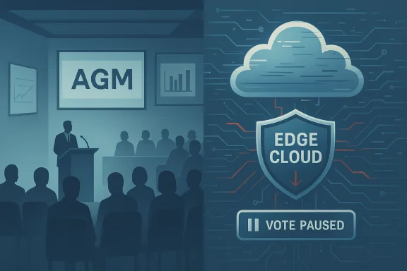 Split scene: an AGM presentation on the left and edge cloud security imagery on the right. Split scene: an AGM presentation on the left and edge cloud security imagery on the right.