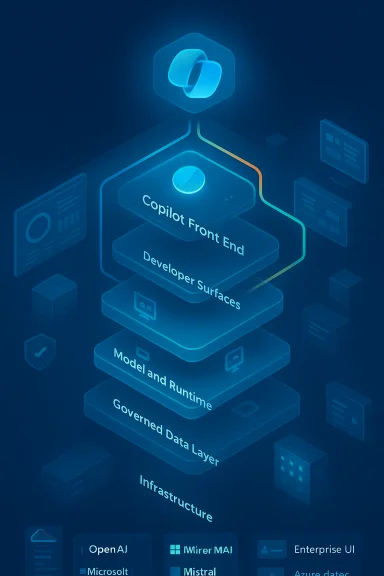Isometric blue holographic diagram of a tech stack, from Infrastructure to Copilot Front End and developer surfaces. Isometric blue holographic diagram of a tech stack, from Infrastructure to Copilot Front End and developer surfaces.