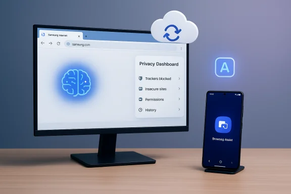 Monitor shows a Privacy Dashboard with a glowing brain icon; a phone displays Browseg Assist beside a cloud sync badge. Monitor shows a Privacy Dashboard with a glowing brain icon; a phone displays Browseg Assist beside a cloud sync badge.