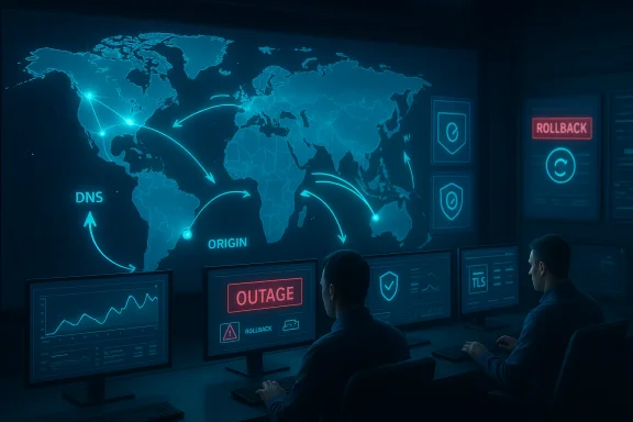 Two analysts monitor a blue holographic world map of network routes and outages. Two analysts monitor a blue holographic world map of network routes and outages.