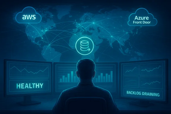 A technician monitors multi-cloud dashboards (AWS and Azure) over a global map. A technician monitors multi-cloud dashboards (AWS and Azure) over a global map.