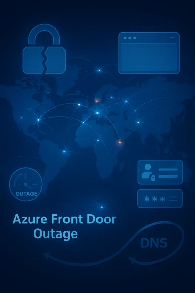 Blue tech infographic showing a global network and Azure Front Door outage. Blue tech infographic showing a global network and Azure Front Door outage.