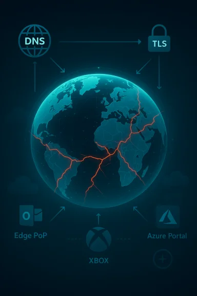 Glowing Earth with red lightning lines, surrounded by DNS, TLS, Edge PoP, Xbox and Azure icons. Glowing Earth with red lightning lines, surrounded by DNS, TLS, Edge PoP, Xbox and Azure icons.