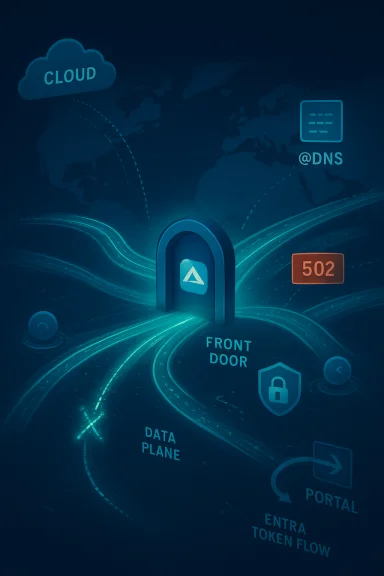 A neon digital gateway labeled Front Door opens to the data plane with cloud and shield icons. A neon digital gateway labeled Front Door opens to the data plane with cloud and shield icons.