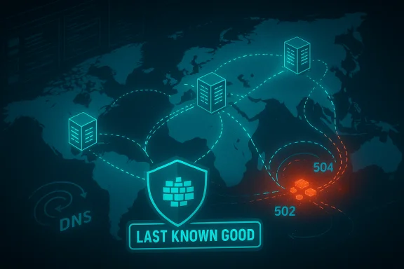 Global network map with servers, DNS icon, a “Last Known Good” shield, and 502/504 error glow. Global network map with servers, DNS icon, a “Last Known Good” shield, and 502/504 error glow.