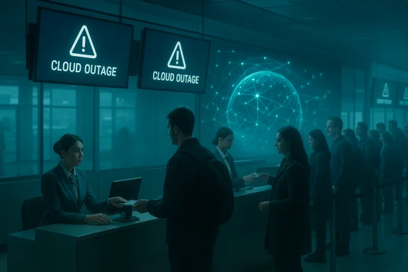 Customers queue at a help desk during a cloud outage warning. Customers queue at a help desk during a cloud outage warning.