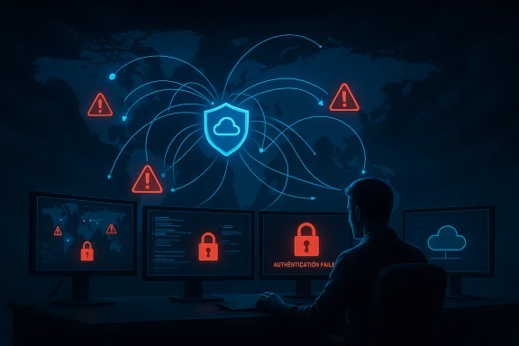 Cybersecurity analyst monitors a global cloud network with warning alerts on multiple screens. Cybersecurity analyst monitors a global cloud network with warning alerts on multiple screens.
