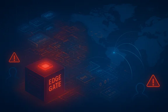 Edge Gate cube glows red amid a global network and warning icons signaling cyber threats. Edge Gate cube glows red amid a global network and warning icons signaling cyber threats.
