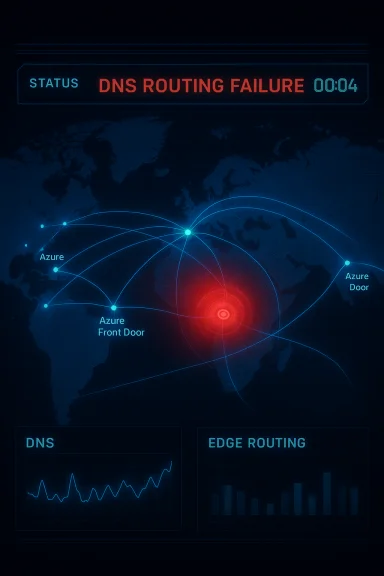 Global DNS routing failure with blue network arcs and a red central hotspot. Global DNS routing failure with blue network arcs and a red central hotspot.