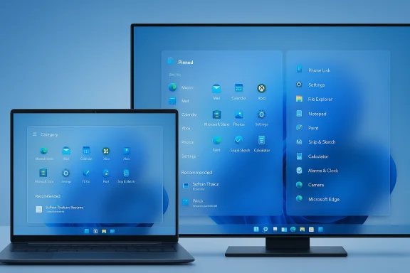 Laptop and large monitor display a Windows 11-style app grid on blue frosted panels. Laptop and large monitor display a Windows 11-style app grid on blue frosted panels.