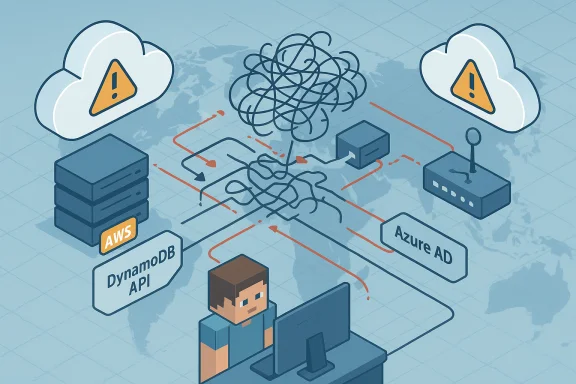 A person at a computer watches a tangled network linking AWS DynamoDB API and Azure AD under cloud warning icons.