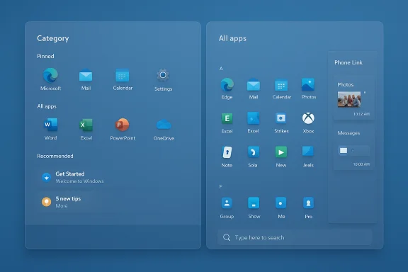 Blue Windows-like app launcher with pinned and all apps sections.