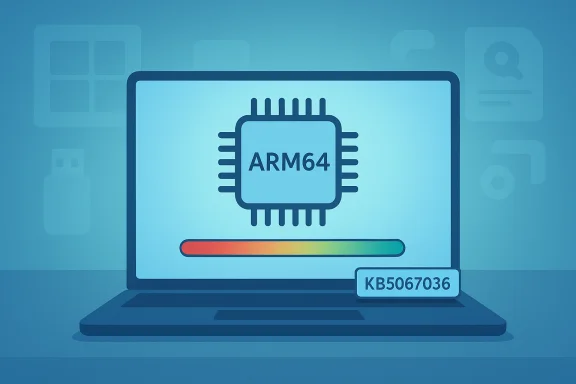 A laptop showing an ARM64 microchip icon with a rainbow progress bar and a KB5067036 label. A laptop showing an ARM64 microchip icon with a rainbow progress bar and a KB5067036 label.