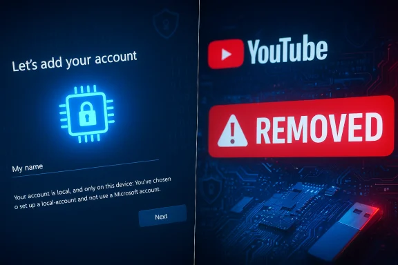 Split-screen: left shows account setup with a glowing lock; right displays a YouTube 'REMOVED' warning. Split-screen: left shows account setup with a glowing lock; right displays a YouTube 'REMOVED' warning.