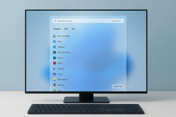 A desk monitor displays a Windows-style app grid with a search bar. A desk monitor displays a Windows-style app grid with a search bar.