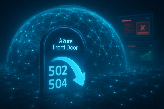 Azure Front Door showing a 502/504 error in a neon, interconnected network scene. Azure Front Door showing a 502/504 error in a neon, interconnected network scene.
