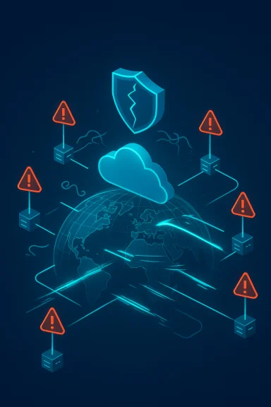 Neon cloud security scene with a cracked shield above a glowing globe and warning icons. Neon cloud security scene with a cracked shield above a glowing globe and warning icons.