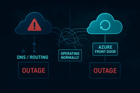 Cloud network diagram showing DNS/routing, operating normally, and outages via Azure Front Door. Cloud network diagram showing DNS/routing, operating normally, and outages via Azure Front Door.