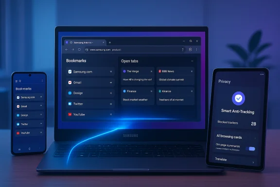 Samsung devices show dark-themed bookmarks and privacy UI on laptop, phone, and tablet.