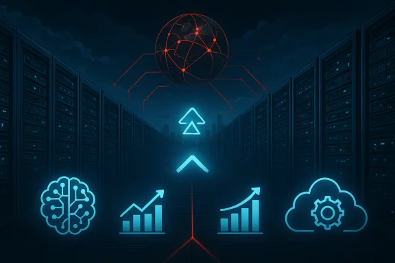A futuristic data center glowing with neon blue AI, analytics and cloud icons beneath a red global network. A futuristic data center glowing with neon blue AI, analytics and cloud icons beneath a red global network.