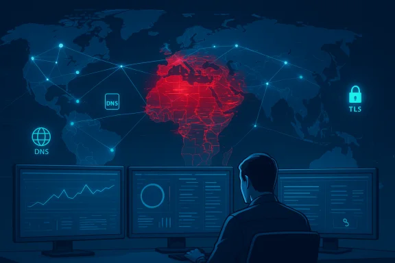 Security analyst monitors global network activity across DNS and TLS from a multi-monitor setup. Security analyst monitors global network activity across DNS and TLS from a multi-monitor setup.