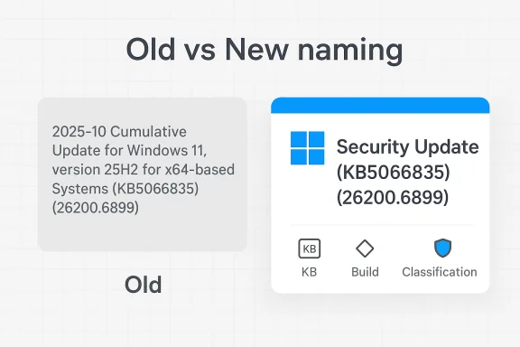 Old vs New naming: verbose update title on the left, concise Security Update on the right. Old vs New naming: verbose update title on the left, concise Security Update on the right.