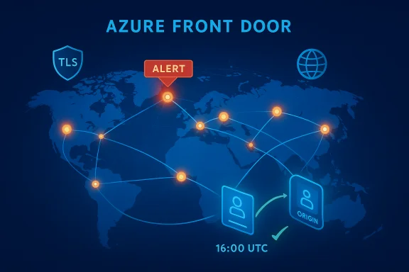 Azure Front Door shows a global network map with an alert and origin validation. Azure Front Door shows a global network map with an alert and origin validation.
