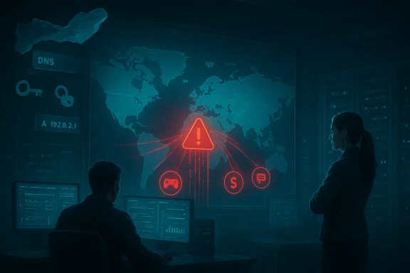 Global cyberattack alert with a red warning symbol over a world map and connected icons.