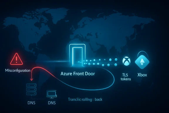 Neon blue world-map diagram of Azure Front Door routing, with a misconfiguration warning. Neon blue world-map diagram of Azure Front Door routing, with a misconfiguration warning.