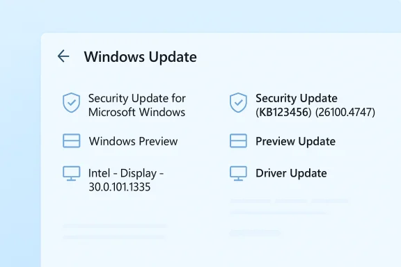 Windows Update panel showing security, preview, and driver updates. Windows Update panel showing security, preview, and driver updates.